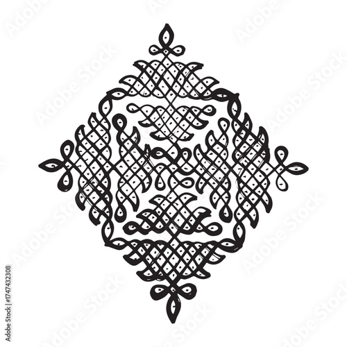 Traditional Kolam Design Vector South Indian Rangoli Pattern in Black Line Art