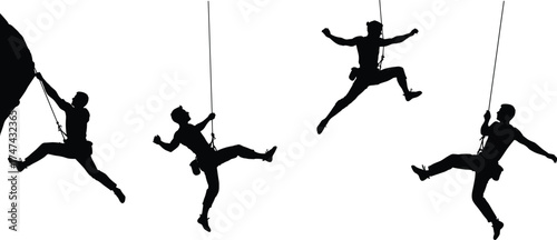 Silhouette rock climber, extreme adventure sport, mountain climbing action, rappelling rope safety, outdoor fitness challenge, adrenaline activity, cliff ascent, vertical wall