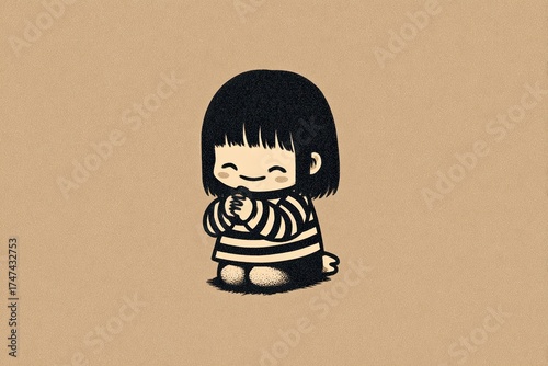 A cute, illustrated character with a bob haircut, wearing striped clothing, smiles while clasping their hands together in a joyful pose against a simple background.