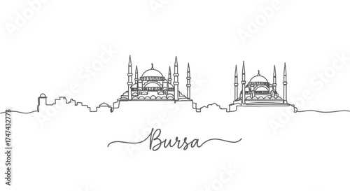 Bursa Skyline Continuous Line Art with Calligraphy Text