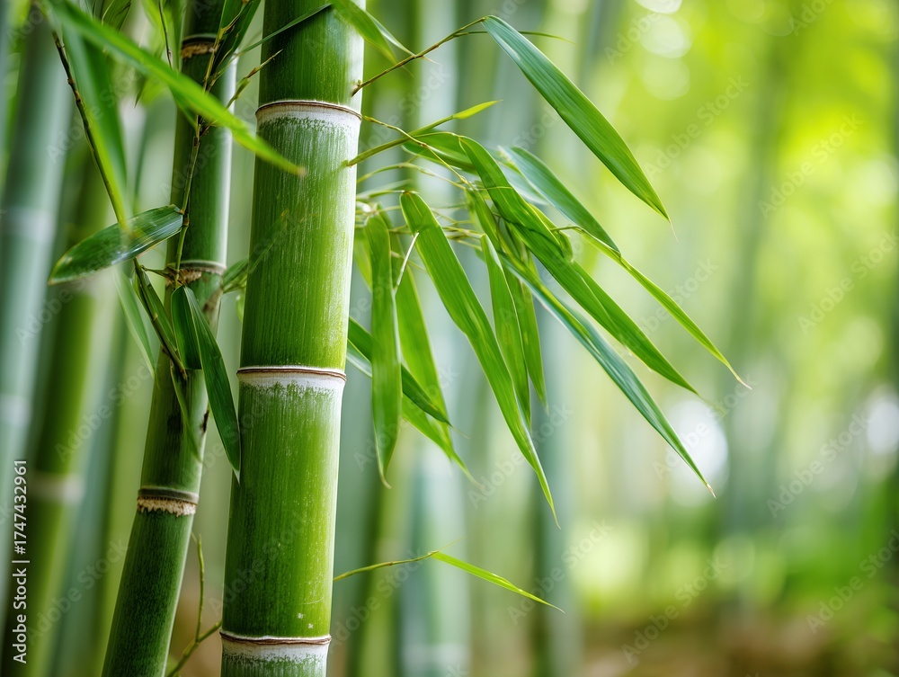 Obraz premium 青々とした竹の幹と葉が光を浴びて輝く静かな竹林のクローズアップ写真