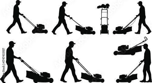 Silhouette of man mowing grass with lawn mower, professional gardener working outdoors, landscape maintenance and gardening service equipment illustration design