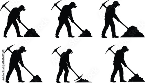 Silhouette of worker digging with pickaxe, manual labor in mining or construction, industrial effort, physical work, black figure on white background illustration
