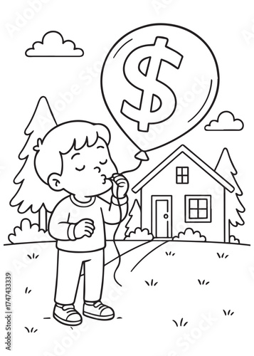 coloring book child blowing dollar balloon in front of house, inflation illustration, simple line art, easy to color
