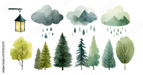 Watercolor Elements Featuring Trees, Clouds, and Lantern on Transparent Background