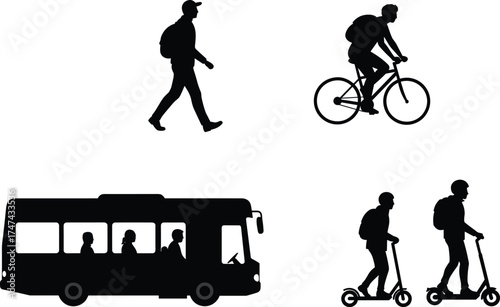 Urban transportation silhouettes, walking with backpack, cycling, bus passengers, electric scooter riders, commuting, mobility, city travel, eco transport, lifestyle, modern movement
