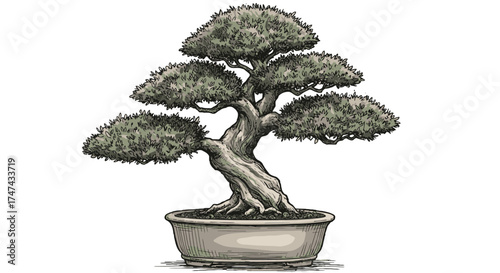 Bonsai tree illustration detailed artwork of miniature tree in a pot