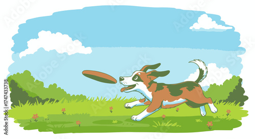 Cartoon dog jumping to catch frisbee in sunny outdoor scene