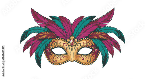 Elegant masquerade mask illustration with feathers and ornate design