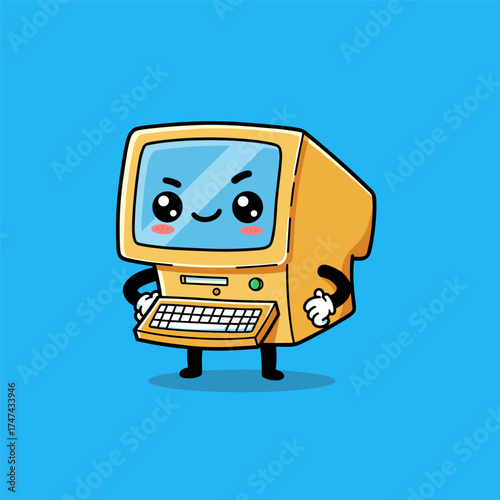 Smiling retro computer with blue screen face, gloves, and shoes stands confidently on bright blue background.