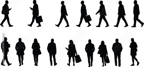 Walking and standing people silhouette, urban lifestyle, black figures, casual clothing, shopping, phone use, city crowd, posture study, vector art, white background