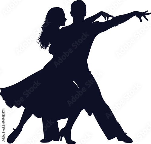 Elegant silhouette of a couple dancing tango with passion and grace creating a romantic and artistic atmosphere on white background