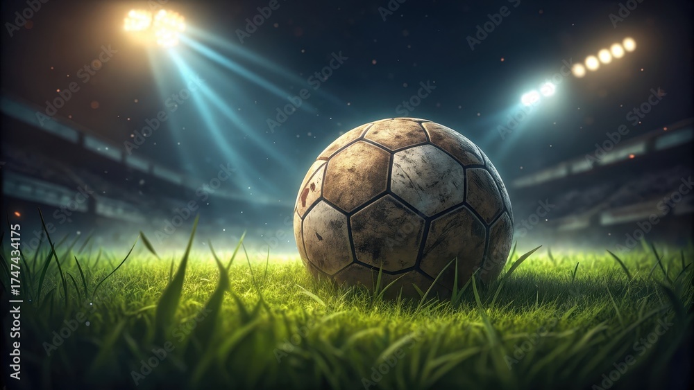 Fototapeta premium Weathered soccer ball rests on vibrant green grass under stadium lights dusk