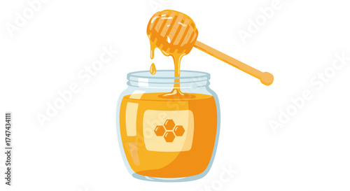 Jar of golden honey with wooden dipper against a white background