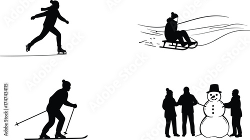 Winter activity silhouettes, ice skating, sledding, skiing, snowman building, outdoor fun, seasonal recreation, holiday leisure, family bonding, cold weather sports