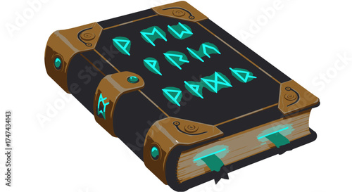 Mystical book with glowing runes isolated on white background