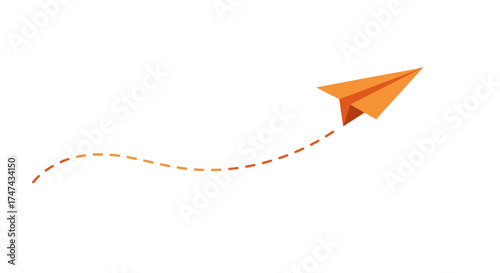 Orange paper airplane ascending with dashed trail against white background