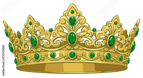 Ornate gold crown with emeralds regal design on white background