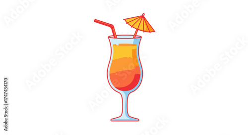 Refreshing tropical cocktail in glass with straw and parasol on white