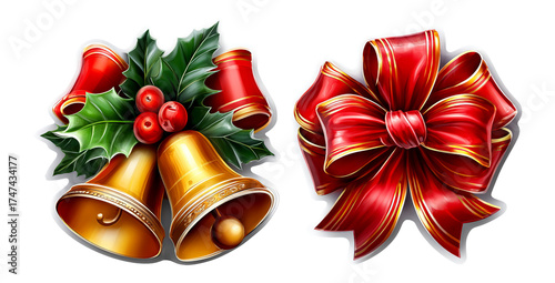 Colorful Christmas Bells and Red Bow with Holly Leaves Isolated on Transparent Background