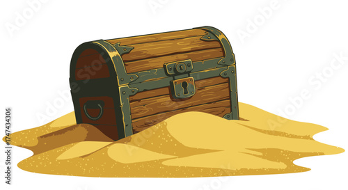 Wooden treasure chest buried in sand isolated on white background