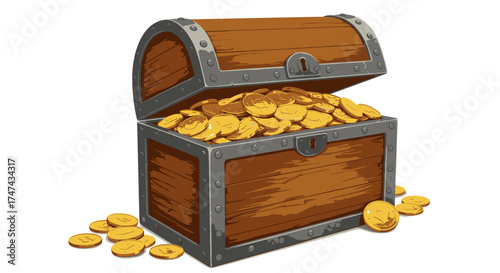 Wooden treasure chest overflowing with gold coins isolated on white background