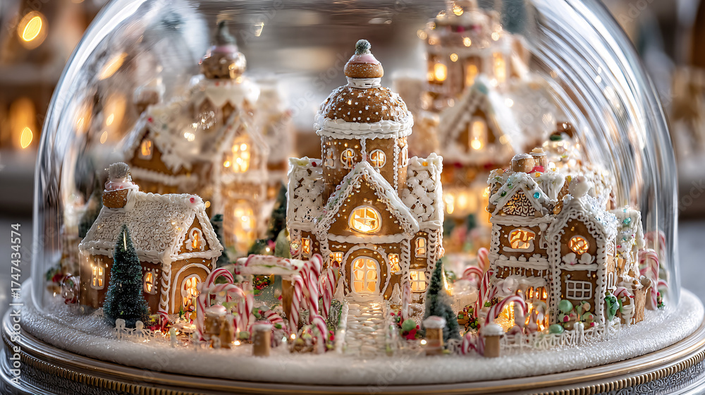 Obraz premium Cozy Gingerbread Village Under Glass Dome with Holiday Decorations