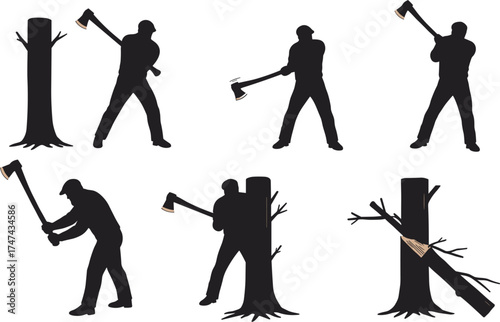 Silhouette of lumberjack chopping trees with axe, manual labor scene, forestry activity, industrial effort, black figure on white background illustration, woodcutting action