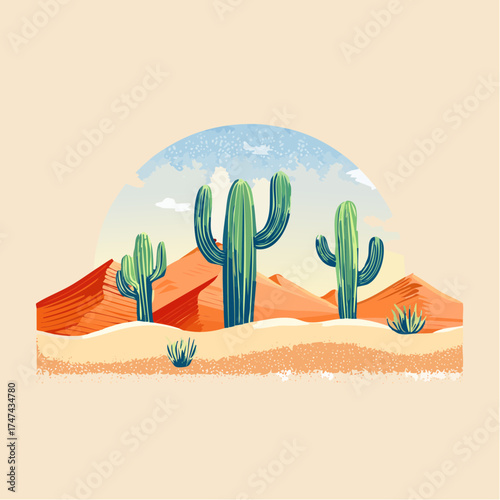 Desert landscape with cacti and sand dunes