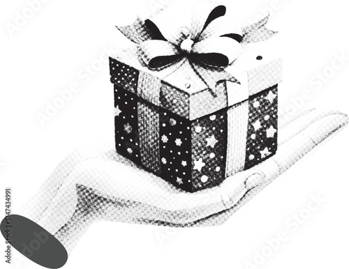 Hand holding decorated gift box with ribbon bow present. Christmas, Birthday, Anniversary.