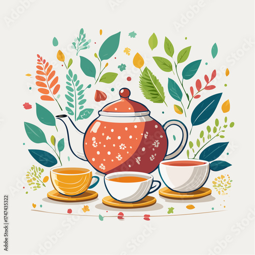 Teapot and cups with foliage for cozy tea time