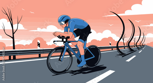 Cyclist in Intense Race Against Time on Open Road.