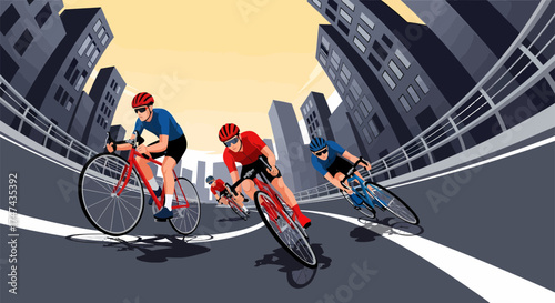 Cyclists Racing Through City Streets in Dynamic Illustration.