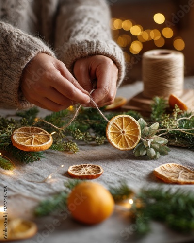 Cozy Hands Crafting Authentic Holiday Garland with Dried Citrus and Greenery for Seasonal Marketing and DIY Home Decor Promotions

