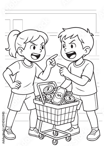 coloring book children arguing over shopping cart full of money, inflation concept, line art for kids