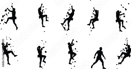 Silhouette of rock climbers training on artificial wall, extreme sport concept, adventure fitness activity, teamwork strength and climbing technique illustration