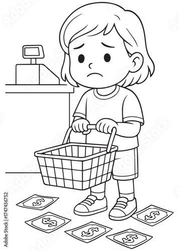 coloring book girl sad pushing cart with money falling, inflation concept, children line art illustration