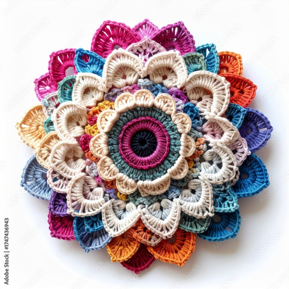 Fototapeta premium Colorful Crochet Mandala Centerpiece with Intricate Patterns on White Background