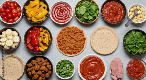 Wallpaper Mural egan Pizza Station concept with an emphasis on plant-based ingredients:roasted peppers,various plant-based 'sausage' crumbles,tomato sauces,wholesome whole-wheat crusts,laid out for assembly Torontodigital.ca