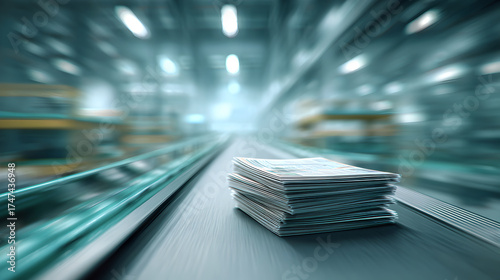 A small stack of newspapers speeds down a blurred industrial conveyor line.
