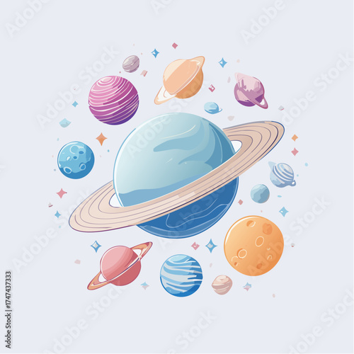 Colorful planets and stars in space with transparent background