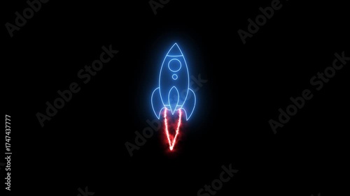 Neon rocket launching into space background. Symbolizes startup launch, business success, innovation, progress and future growth. Ideal for tech presentations or motivational content.