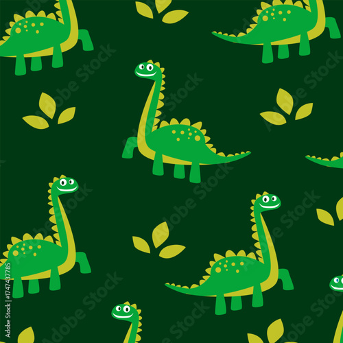 kids apparel fullprint green brontosaurus dinosaur vector cartoon seamless pattern design