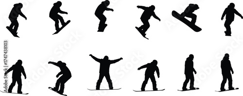 Silhouette of snowboarder jumping, performing tricks, snowboarding action pose, winter extreme sport, athlete balance, mountain adventure, freestyle snowboard motion, competition scene