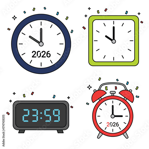 Four clocks showing different times, with confetti around them.