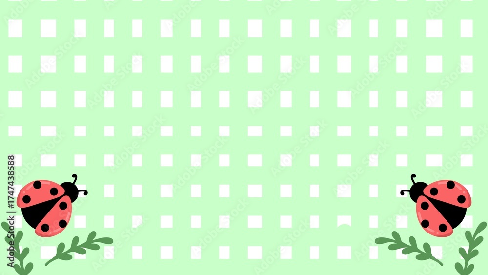Fototapeta premium Green gingham with ladybug and cherry border. Ladybug and cherry border on a green gingham background, designed as a cute frame layout for children’s artwork, invitations, or nursery decoration.