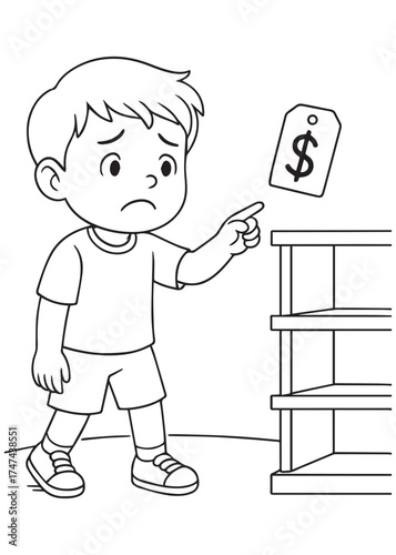 coloring book boy pointing at expensive price tag, inflation crisis symbol, children simple line art