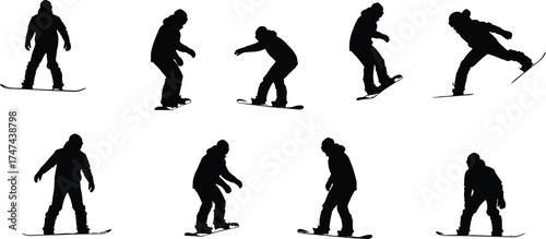Silhouette of snowboarder performing tricks, winter extreme sport action, mountain slope balance, freestyle motion, outdoor adventure, athlete riding snowboard, snow activity