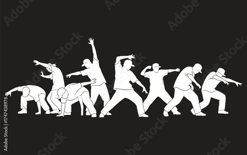 Group of dancers performing hip hop moves in sync against a dark background in a dynamic and energetic silhouette illustration on white background
