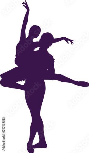 Elegant ballet dancers performing a pas de deux in a graceful silhouette against a showcasing artistry and movement on white background